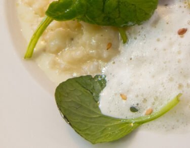 L'Epicerie - Risotto crémeux, petits légumes et lard fumé, et émulsion au sel vicking