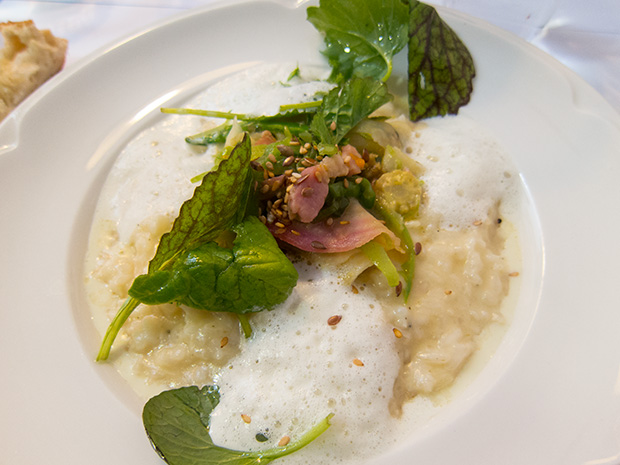 L'Epicerie - Risotto crémeux, petits légumes et lard fumé, et émulsion au sel vicking